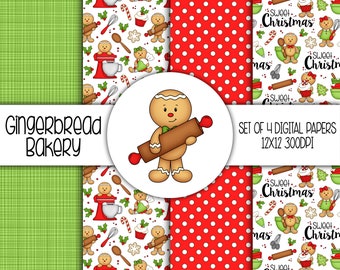 Gingerbread Bakery Christmas Hand Drawn Digital Paper Mini Pack - Set of 4 - Instant Download - 8309