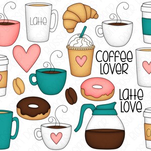 Coffee Lover Hand Drawn Digital Clipart Set of 20 Coffee, Latte, Donuts, Coffee Beans Instant Download 9160 image 2