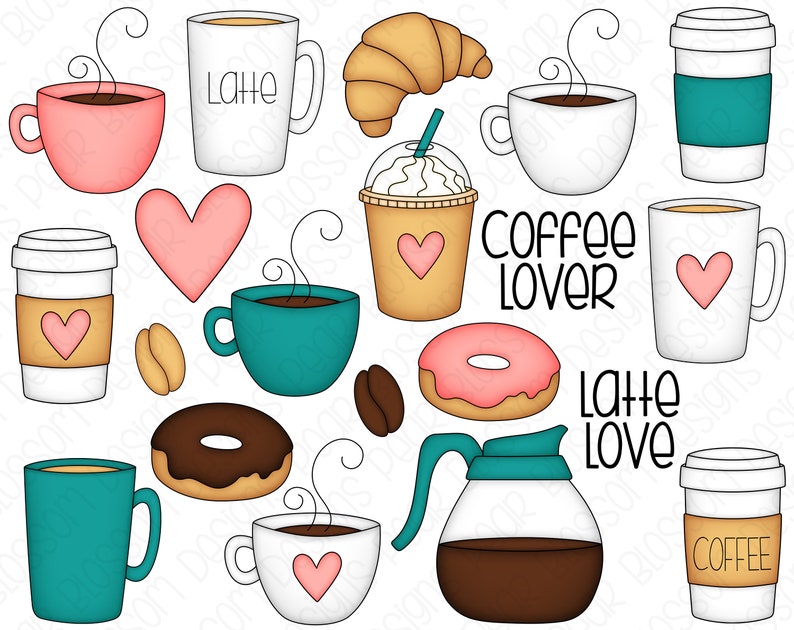 Coffee Lover Hand Drawn Digital Clipart Set of 20 Coffee, Latte, Donuts, Coffee Beans Instant Download 9160 image 2