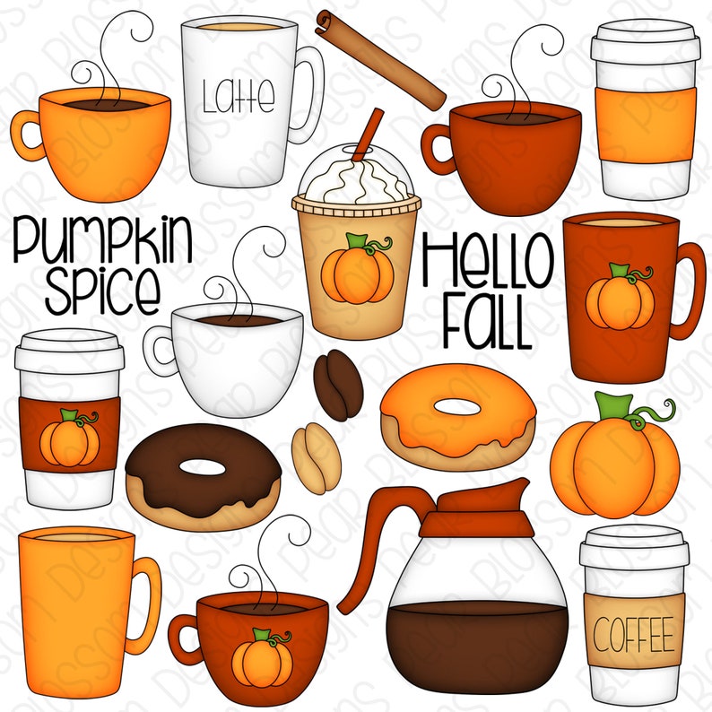 Pumpkin Spice Coffee Hand Drawn Digital Clipart Set of 20 Coffee, Autumn, Fall, Donuts, Coffee Beans Instant Download Item 9165 image 1