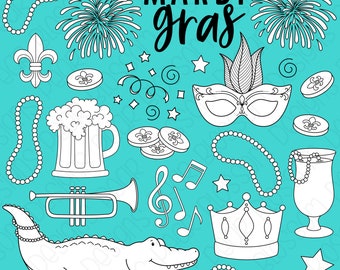 Mardi Gras Hand Drawn Digital Stamps, Digistamps, Clipart - Instant Download - 7147