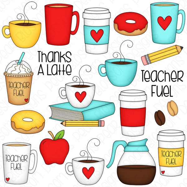 Teacher Fuel Coffee Clipart Set - Hand Drawn Digital Clipart - Item# 9229