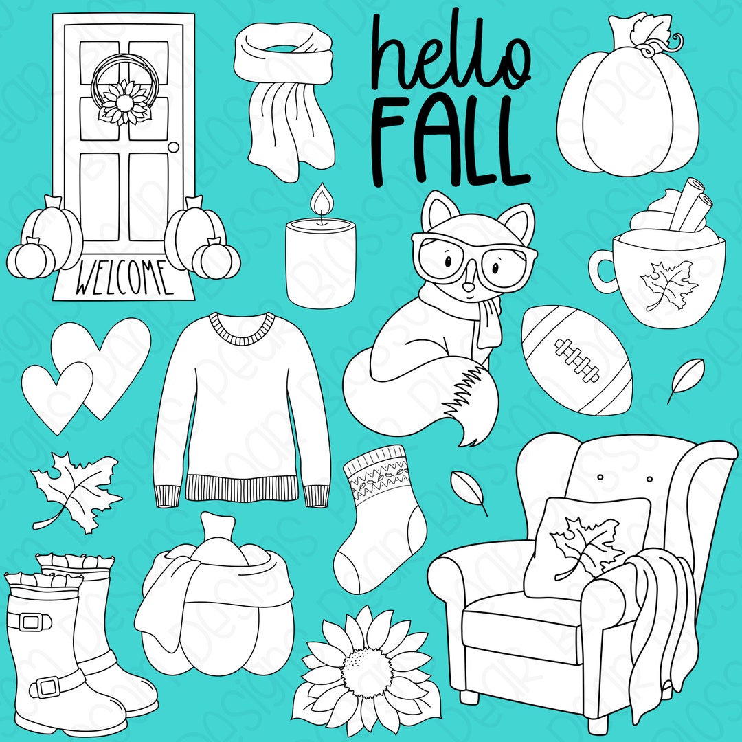 Hello Fall Hand Drawn Digital Stamps, Digistamps, Clipart - Instant ...