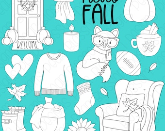 Hello Fall Hand Drawn Digital Stamps, Digistamps, Clipart - Instant Download - 7153