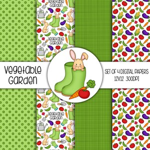 Vegetable Garden Hand Drawn Digital Paper Mini Pack - Set of 4 - Bunny Rabbit, Vegetables, Gardening Tools - Instant Download - 8297