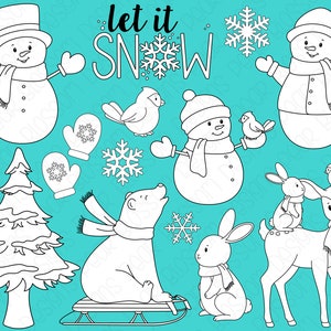 Może przedstawiać: Czarno-białe ilustracje o tematyce zimowej na turkusowym tle. Obraz zawiera bałwany, płatki śniegu, ptaki, niedźwiedzia polarnego na sankach, choinkę, królika i jelenia. Obecny jest również tekst "let it SNOW".
