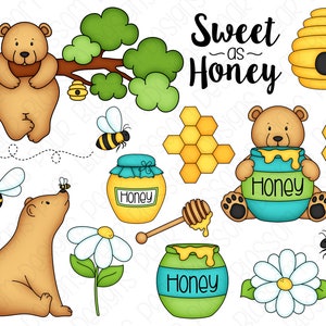 May include: A digital illustration of a honey themed clipart set. The set includes a brown bear holding a jar of honey, a bee, a honeycomb, a jar of honey with a green lid, a daisy, and the text "Sweet as Honey".