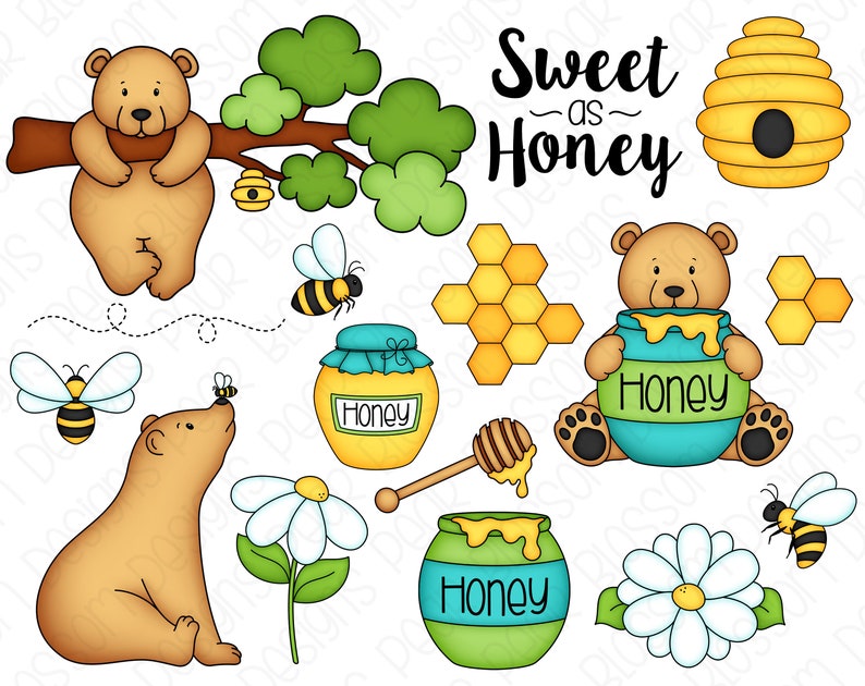 May include: A digital illustration of a honey themed clipart set. The set includes a brown bear holding a jar of honey, a bee, a honeycomb, a jar of honey with a green lid, a daisy, and the text "Sweet as Honey".
