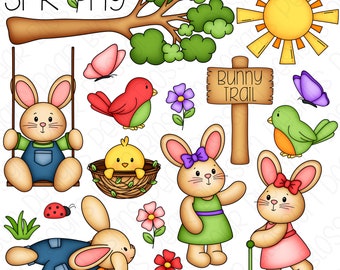 Spring Bunnies Hand Drawn Digital Clipart - Set of 19 - Instant Download - Item #9300