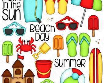 Beach Days Red Digital Clipart - Set of 23 - Surfboard, Flip Flops, Sunglasses, Popsicle, Sand Castle - Instant Download - Item#9183