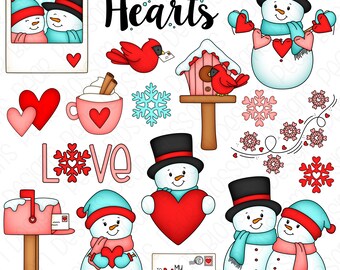 Snowman Valentine Hand Drawn Digital Clipart - Set of 17 - Snowman, Winter Valentine, Heart Snowflake - Instant Download - Item #9243