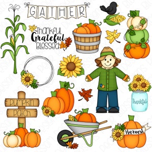 Op de afbeelding: Een set digitale clipart-afbeeldingen met herfstthema's. De afbeeldingen bevatten pompoenen, zonnebloemen, een vogelverschrikker, een kruiwagen, maïs, een krans, een pot en een bord met de tekst "Pumpkin Patch".
