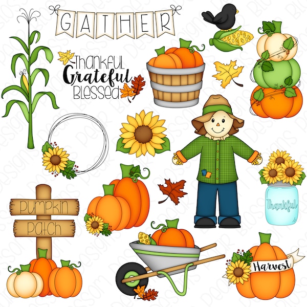 Harvest Hand Drawn Digital Clipart - Set of 16 - Scarecrow Sunflower Autumn Fall Leaves Pumpkin Patch - Instant Download - Item #9212