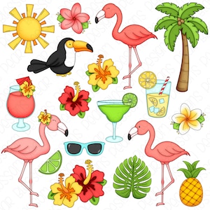 Tropical Summer Digital Clipart - Set of 18 - Flamingo, Toucan, Palm Tree, Hibiscus, Plumeria, Cocktail - Instant Download - Item#9204