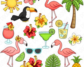 Tropical Summer Digital Clipart - Set of 18 - Flamingo, Toucan, Palm Tree, Hibiscus, Plumeria, Cocktail - Instant Download - Item#9204
