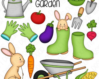 Vegetable Garden Hand Drawn Digital Clipart - Set of 16 - Bunny Rabbit, Vegetables, Carrot, Garden Tools - Instant Download - 9191