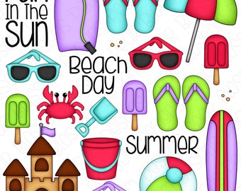 Beach Days Pink Digital Clipart - Set of 23 - Surfboard, Flip Flops, Sunglasses, Popsicle, Sand Castle - Instant Download - Item#9184