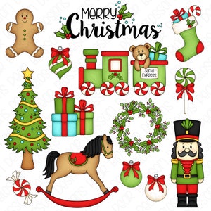May include: A collection of Christmas themed illustrations including a gingerbread man, a Christmas tree, a rocking horse, a wreath, a nutcracker, a train, a stocking, a candy cane, and ornaments. The text "Merry Christmas" is written in black.