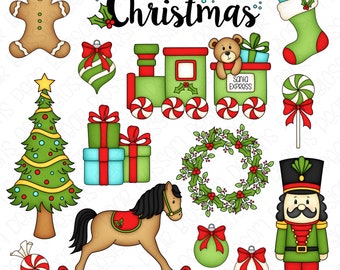 Classic Christmas Clipart Set - Hand Drawn Digital Clipart - Christmas Tree Nutcracker Rocking Horse Christmas Train - Item# 9219