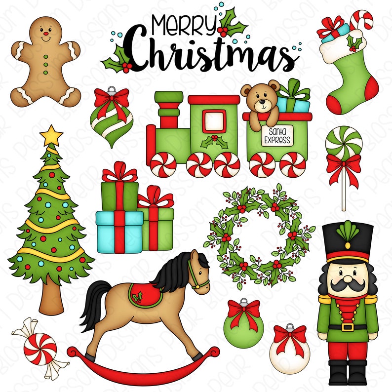 May include: A collection of Christmas themed illustrations including a gingerbread man, a Christmas tree, a rocking horse, a wreath, a nutcracker, a train, a stocking, a candy cane, and ornaments. The text "Merry Christmas" is written in black.