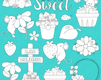 Berry Sweet Strawberry Digital Stamps, Digistamps, Clipart - Instant Download - 7093