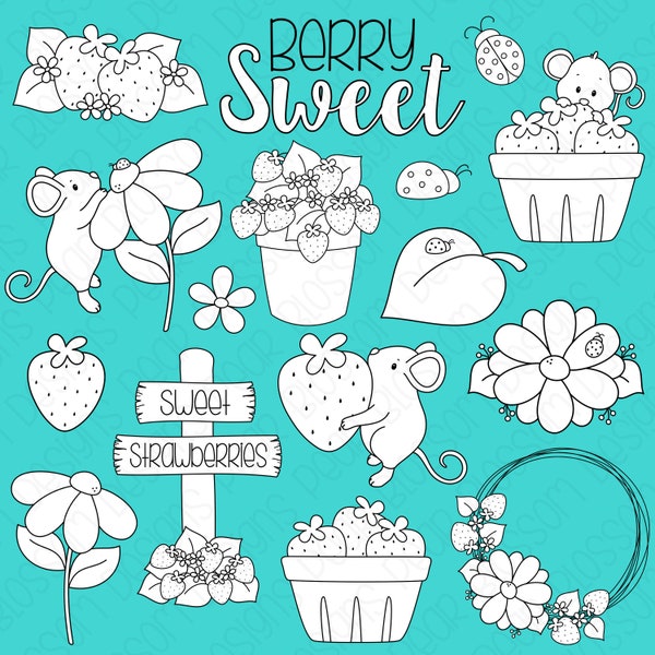 Berry Sweet Strawberry Digital Stamps, Digistamps, Clipart - Instant Download - 7093