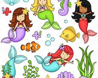 Puede incluir: Una ilustración digital de un conjunto de clipart con temática de sirenas. El conjunto incluye sirenas con cabello y colas de diferentes colores, un caballito de mar, un pez, una estrella de mar, algas marinas y conchas.