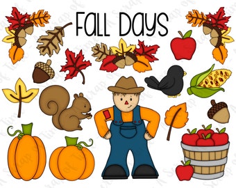 May include: A collection of fall-themed illustrations, including pumpkins, apples, acorns, leaves, a squirrel, a scarecrow, and a blackbird. The text "Fall Days" is displayed in black. The color palette includes orange, red, brown, and yellow.