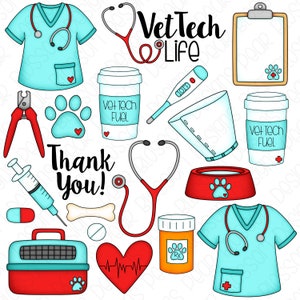 Vet Tech Life Hand Drawn Digital Clipart - Set of 20 - Scrubs, Cone, Clippers, Thermometer, Coffee - Instant Download - Item#9275