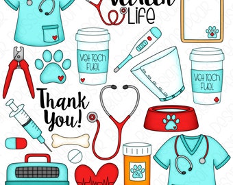 Vet Tech Life Hand Drawn Digital Clipart - Set of 20 - Scrubs, Cone, Clippers, Thermometer, Coffee - Instant Download - Item#9275