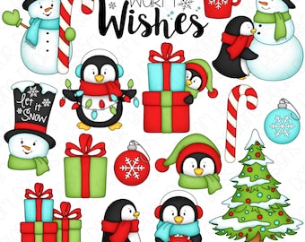 Warm Wishes Christmas Clipart Set - Hand Drawn Digital Clipart - Penguin Snowman Christmas Tree Hot Cocoa - Item# 9217