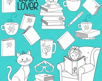 Fall Book Lover -  Digital Stamps, Digistamps, Clipart - Instant Download - 7074