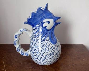 Hand Painted Blue and White Ceramic  Rooster Jug