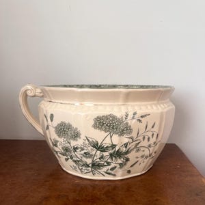 Puede incluir: Un orinal de cerámica color crema con un estampado botánico en verde oscuro de flores y follaje en el exterior. El recipiente tiene un asa lateral, un borde festoneado y un diseño de cuerpo facetado con un interior de patrón verde.