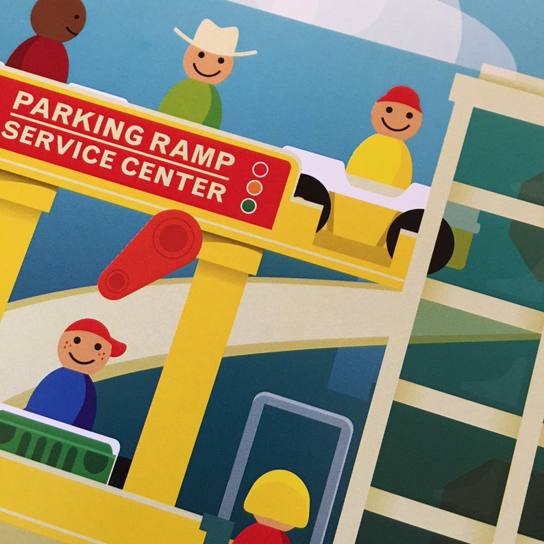 May include: A yellow toy parking ramp with a red lever and a sign that reads "Parking Ramp Service Center". There are four toy people on the ramp, one driving a yellow car. The ramp is in front of a tall, white building with windows.