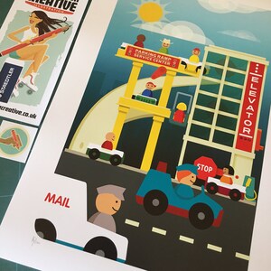 May include: A colorful illustration of a toy city with a yellow parking ramp, a blue car, a white mail truck, and a tall building with an elevator. The illustration is in a cartoon style and features a variety of colors and shapes.