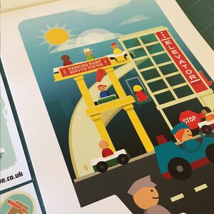 May include: A colorful illustration of a toy city with a yellow parking ramp, a blue car, a red stop sign, and a building with an elevator. The illustration features a variety of people in different colors and clothing.