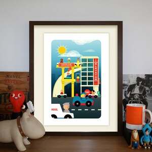 May include: A colorful illustration of a city scene with a parking ramp, an elevator, and a mail truck. The illustration features a yellow ramp with a blue car driving up it, a tall building with an elevator, and a red mail truck with a driver. The illustration is set against a blue sky with a yellow sun.