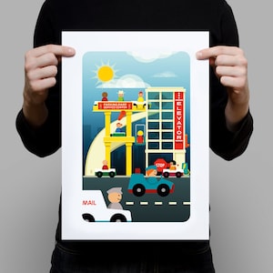 May include: A colorful illustration of a city scene with a yellow parking ramp, a tall building with an elevator, and several cars and people. The text "Parking Ramp Service Center" and "Elevator" are visible on the building.