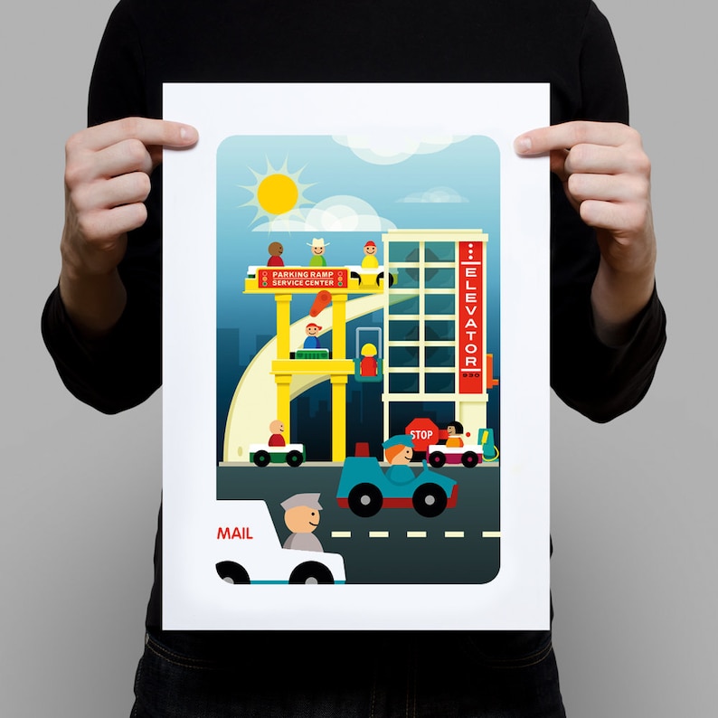 May include: A colorful illustration of a city scene with a yellow parking ramp, a tall building with an elevator, and several cars and people. The text "Parking Ramp Service Center" and "Elevator" are visible on the building.