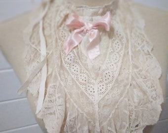 Antique lace Jabot pink satin magnolia on pearl 1800s lace