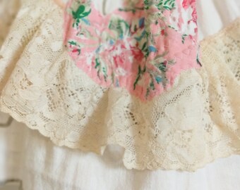 Antique lace Jabot pink magnolia on cutwork pearl linen