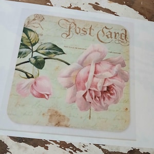 May include: A square postcard with a vintage design featuring pink roses and the words "Post Card" in elegant script. The background is a faded green with handwritten text.