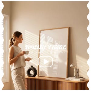 Video Frame Mockup With Person, Vertical Frame Video Mockup, DIN A Ratio, Thin Wood Frame, PSD Photoshop Animated Mockup