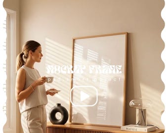 Video Frame Mockup With Person, Vertical Frame Video Mockup, DIN A Ratio, Thin Wood Frame, PSD Photoshop Animated Mockup