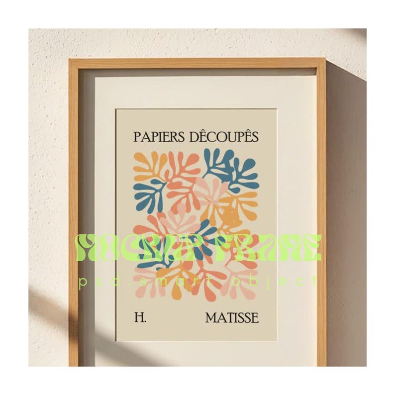 May include: A framed art print featuring a colorful abstract design of leaf-like shapes in shades of blue, orange, and pink. The print is titled "PAPIERS D&Eacute;COUP&Eacute;S" and signed "H. MATISSE". The artwork is displayed in a wooden frame.