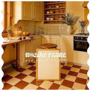 Vertical Framed Canvas Mockup Kitchen, DIN A Ratio, Thin Wood Frame, PSD Photoshop Photopea Mockup, interior frame mockup, Bar Cart Mockup