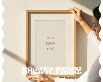 Video Frame Mockup With Person, Vertical Frame Video Mockup, DIN A Ratio, Thin Wood Frame, PSD Photoshop Animated Mockup