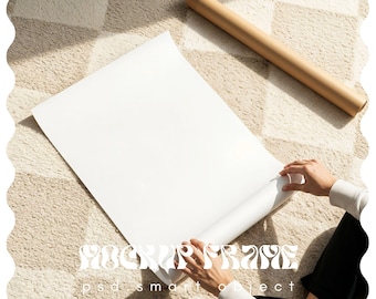Poster Mockup With Person, Rolled Up Unrolling Rolling, DIN A Vertical Frame Mockup, Frame Leaning on Wall Template for Photoshop