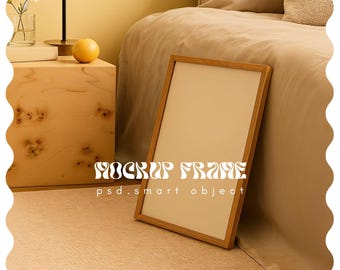 DIN A Vertical Frame Photoshop Mockup Template for Art Display, Wood Frame in Bedroom Scene PSD, Photoshop Frame Mockup